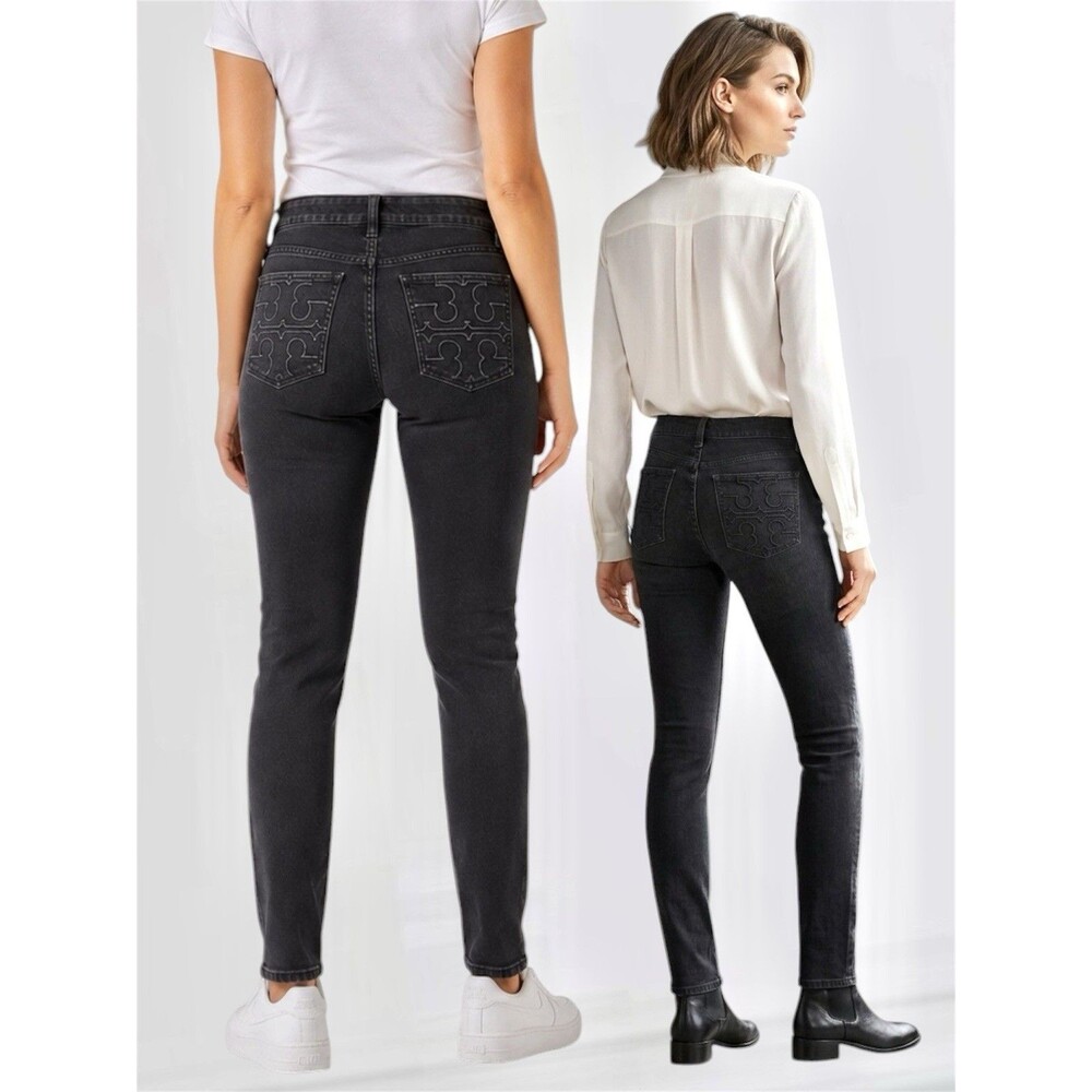 Tory Burch Super Skinny Jean Women's 28 Low-Rise Faded Black Embroidered Pockets